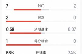 曼城2-0桑德兰半场数据：射门7-2，射正2-0，曼城控球率67%