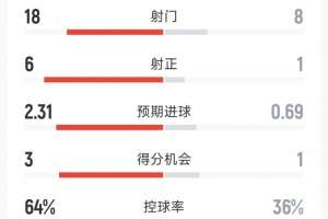 曼城3-0桑德兰全场数据：射门18-8，射正6-1，得分机会3-1
