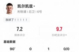 凯尔凯兹本场数据：1助攻1关键传球4抢断6地面对抗成功，评分7.2